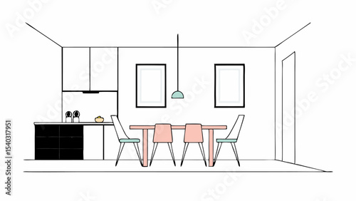 Minimalist Kitchen and Dining Room Interior Design Sketch