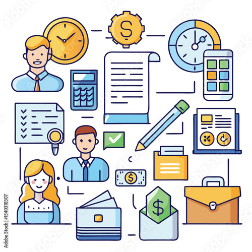 Colorful Line Icons Set Business Finance Management Time Money People Documents Calculator Wallet Briefcase