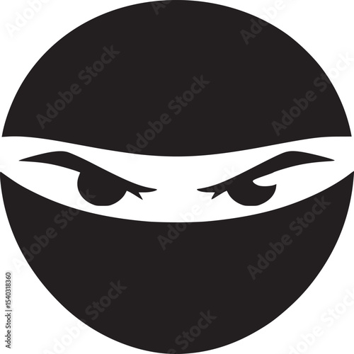 A black and white graphic illustration of a ninja head with eyes visible through the mask opening