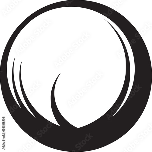 A simple black and white graphic design featuring a circular shape with curved lines inside it