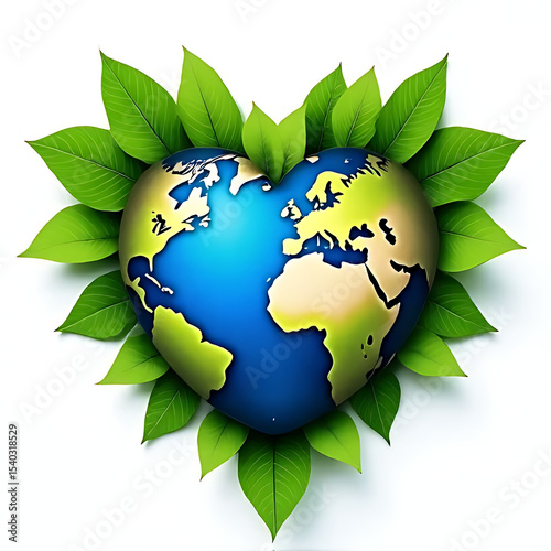 Conceptual image of green leaves forming a heart shape around a realistic blue earth, serene natural color palette