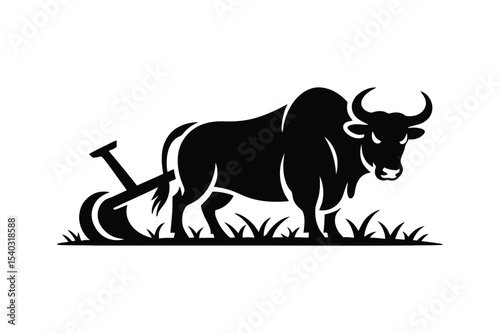 Black silhouette of a bull with horns isolated on white background