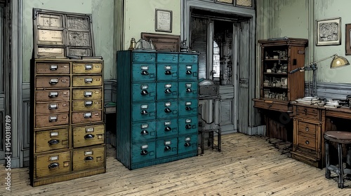 Vintage Office Space with Colorful Filing Cabinets and Wooden Furniture