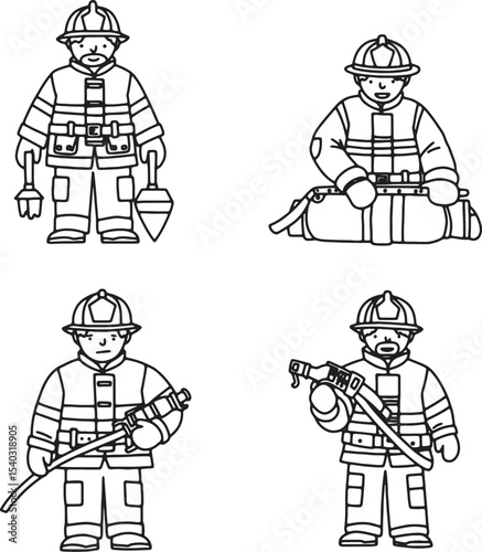 Four Line Drawings of Firefighters in Uniform with Equipment