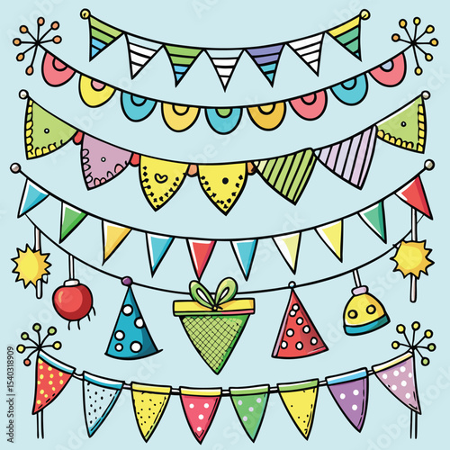 Colorful Hand Drawn Party Flags Banners Decorations Cute Festive Celebration Clipart Elements bunting