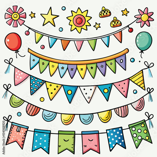 Colorful Hand Drawn Bunting Flags Banners Balloons Stars Flowers Party Decorations Set vector