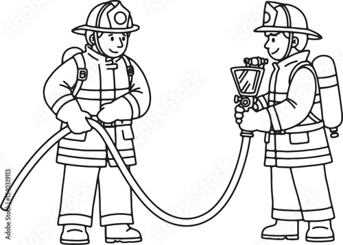 Two Firefighters Ready for Action A Detailed Line Drawing Illustration