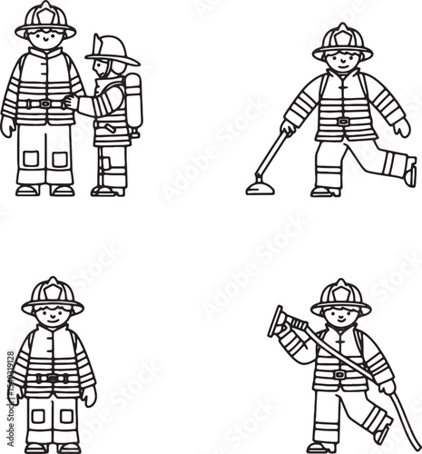 Brave Firefighters in Action Line Art Illustrations of Fire Safety