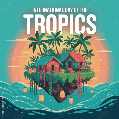 International Day of the Tropics Island Illustration with Sunset and Lanterns