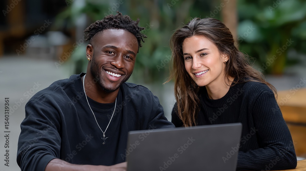 Young Man and Woman Collaborating with Laptop in Modern Workspace Young Man and Woman Collaborating with Laptop in Modern Workspace