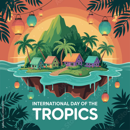 International Day of the Tropics Island Illustration with Sunset and Lanterns