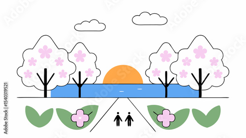 Couple Walking by the Lake at Sunset with Cherry Blossoms