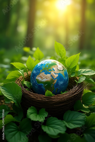 Detailed macro-inspired view of leaves cupping a blue globe, soft light and space-conscious layout perfect