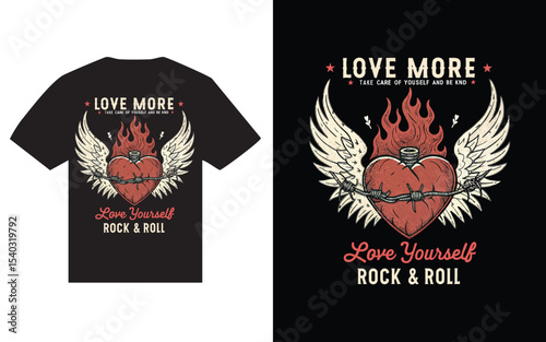 Flaming heart with wings t shirt design.
