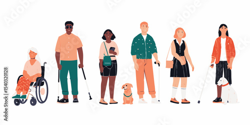 Diverse group of people with disabilities including wheelchair user blind person and guide dog inclusion and accessibility concept