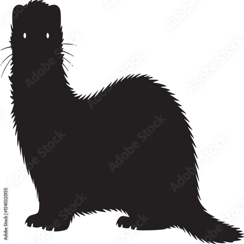 Silhouette of a ferret standing on a white background with its eyes visible and whiskers shown