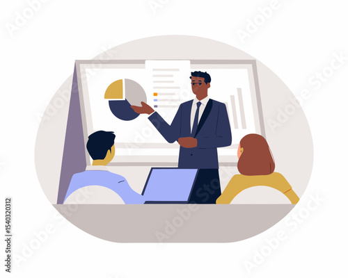 Business Presentation with Pie Chart and Bar Graphs African American Presenter Two Attendees Laptop Whiteboard Meeting Business Casual Vector Illustration