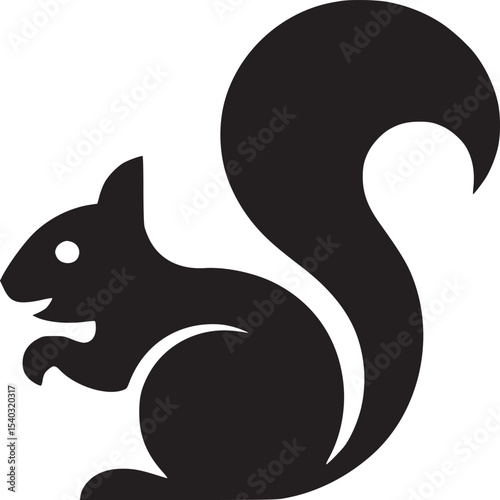 A stylized black squirrel with a large bushy tail on a light beige background in a simple graphic design