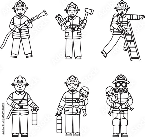 Brave Firefighters Line Art Illustrations of Firefighting Heroes in Action