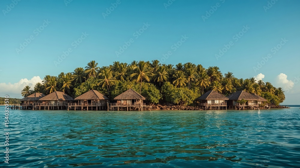 Obraz premium Wooden houses built over turquoise water on a stunning tropical island with lush palm trees symbolize paradise, relaxation, nature, exotic escape, tranquility and island life