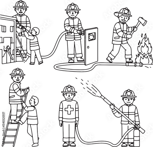 Brave Firefighters in Action A Coloring Page Featuring Fire Safety and Rescue Scenes