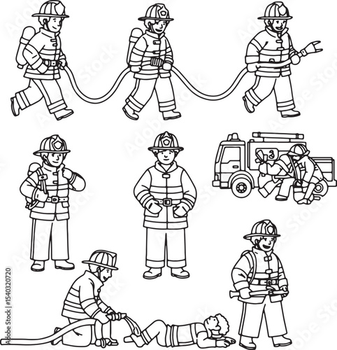 Firefighter Action Poses Line Art Illustrations for Coloring, Design, and Education