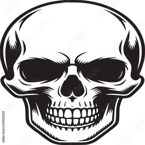 Illustration of a stylized skull with dark eye sockets and detailed teeth on a light background