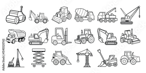 Collection of black and white construction vehicles line art illustrations