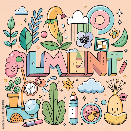 Pastel Colored Doodle Illustration Featuring Element Word Surrounded by Plants Flowers Donuts Clock Makeup and Cute Characters