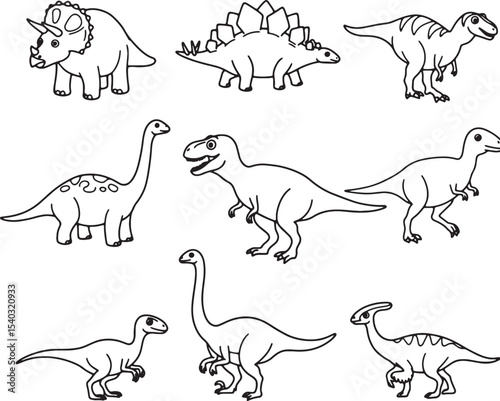 Adorable Dinosaur Line Art Coloring Page Featuring Triceratops, Stegosaurus, T-Rex, and More