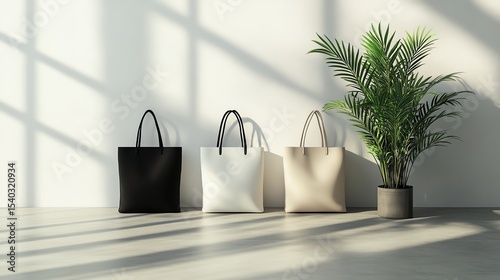 Three stylish bags beside a potted plant in a sunlit room.