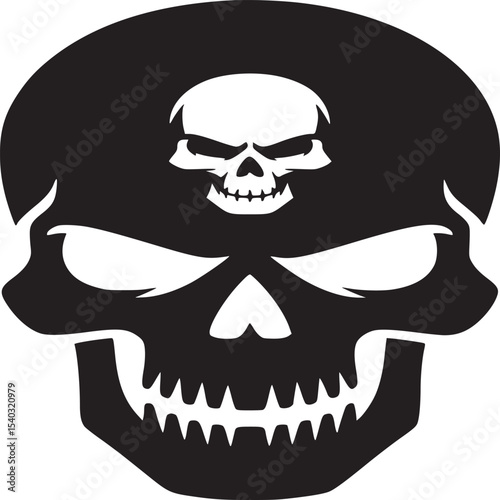 A black skull with a smaller white skull on its forehead against a gray background design art