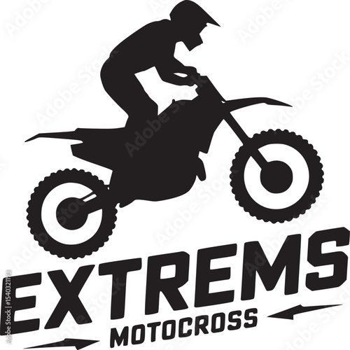 Silhouette of a motocross rider on a dirt bike with the word extrems motocross underneath it