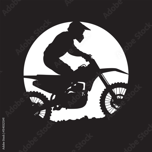 Silhouette of a motocross rider against a sunset with a large sun in the background in a flat style