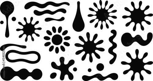 Collection of various black ink blots and shapes on a white background in a vector format