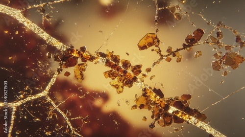 Thorium molten salt crystal background with fluoride dendrites in amber, next-gen nuclear science.