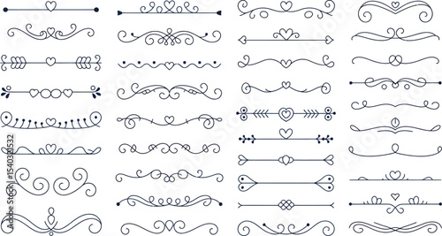 Collection of decorative dividers and borders with heart and swirl elements in black line art