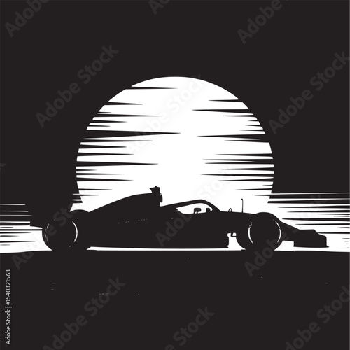 A formula one car silhouette against a sunset with orange and red sky and a stylized horizon line