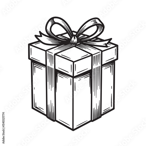 A beautifully illustrated vintage art style rendering of a wrapped present gift box with a decorative bow.