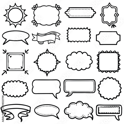 Twenty Four Hand Drawn Black Line Blank Frames Banners Ribbons Speech Bubbles Sun Design Elements hand-drawn