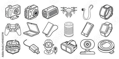 Collection of line art icons depicting modern gadgets and streaming technology