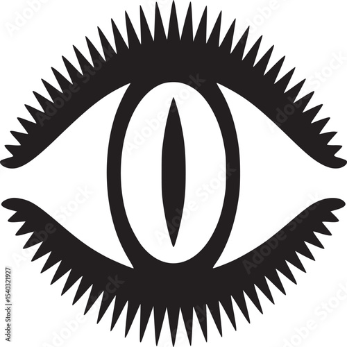 A minimalistic black and white drawing of an eye with spiky eyelashes on a plain white background