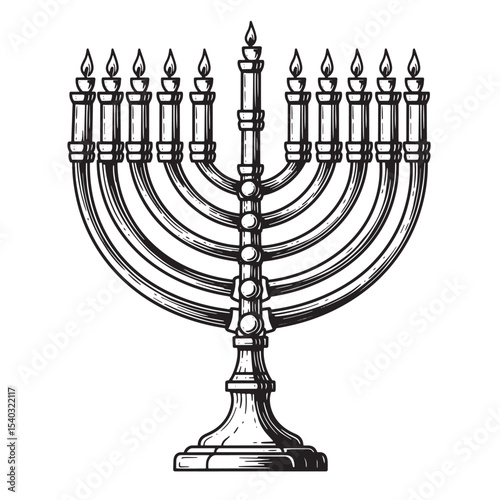 A detailed vintage art silhouette of a traditional jewish menorah featuring lit candles symbolizing hanukkah celebrations.