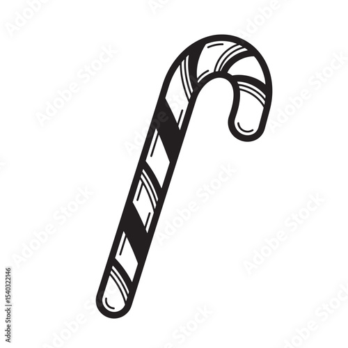 A monochrome vintage art silhouette of a traditional christmas candy cane with black and white stripes on a white background.