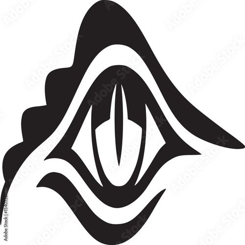 A black and white graphic design of an eye with reptilian features on a plain white background