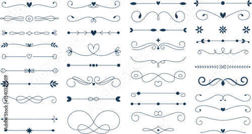 Collection of decorative dividers with hearts, arrows, swirls, and floral elements on a white background