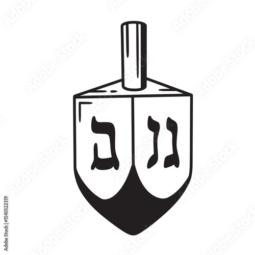 A simple black and white hand drawn illustration of a traditional jewish dreidel vintage art silhouette