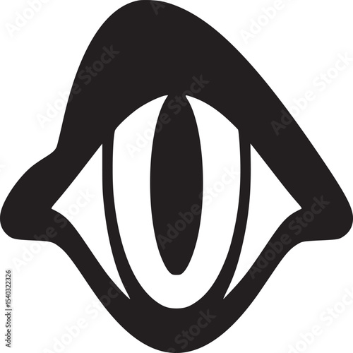 A stylized black and white illustration of a single eye with a prominent pupil and eyelid design