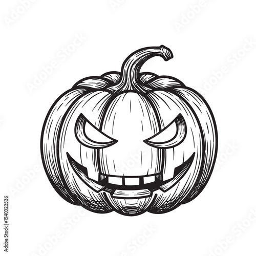 A vintage art silhouette of a carved halloween pumpkin with a spooky grinning face for holiday decor