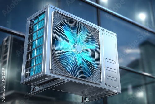 Industrial air conditioning unit on office building with fan grid and metal casing